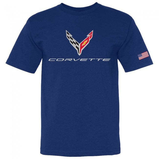 C8 Corvette USA Made Crossed Flags Royal Tee