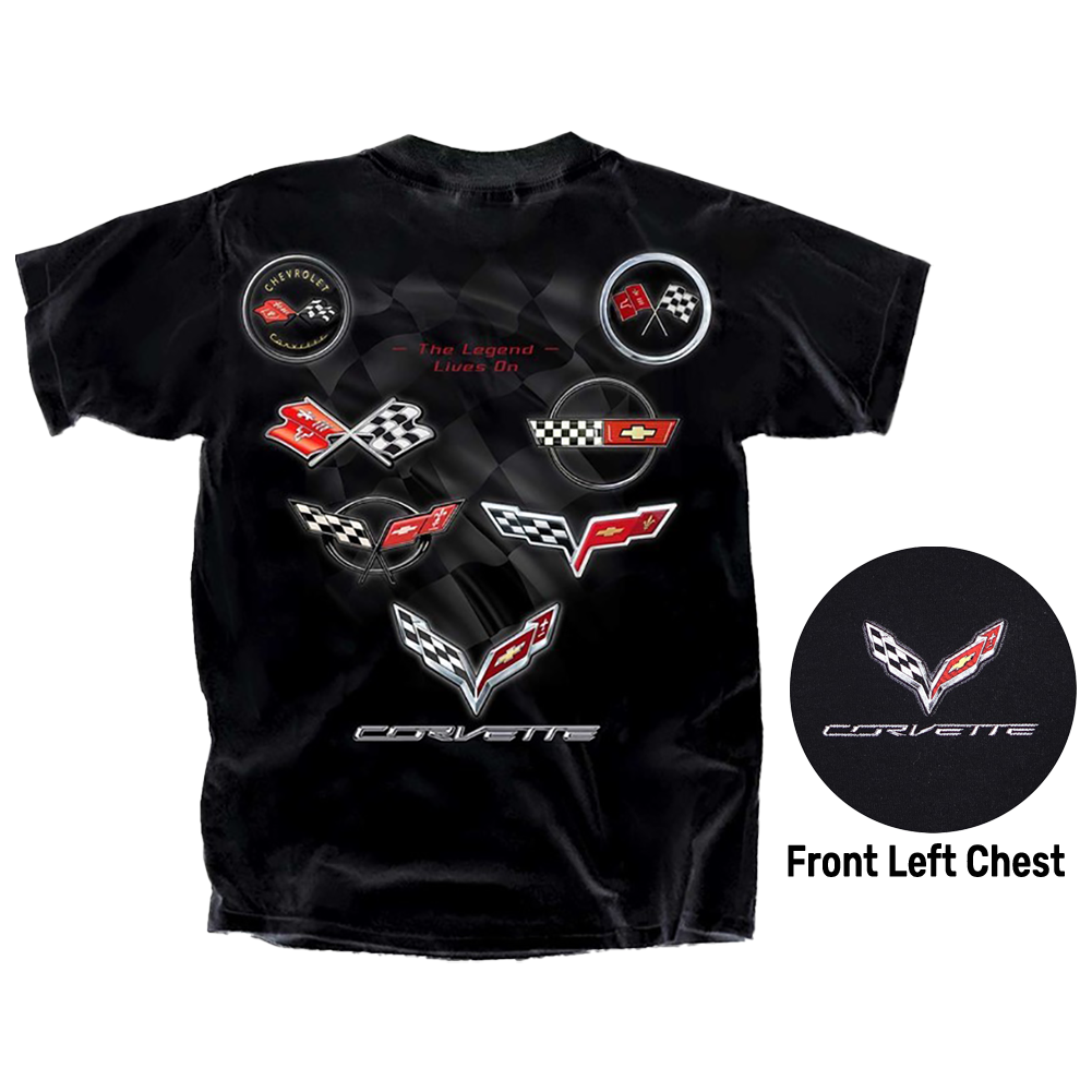 Corvette - Legend Lives On - All Year Corvette Logo T-shirt : Black, C1-C7, 1953-2019