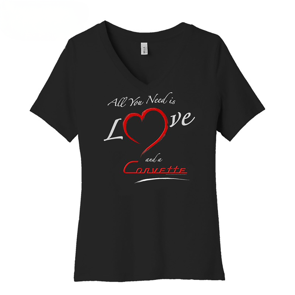 Corvette All You Need is Love Ladies V-Neck T-shirt : Black