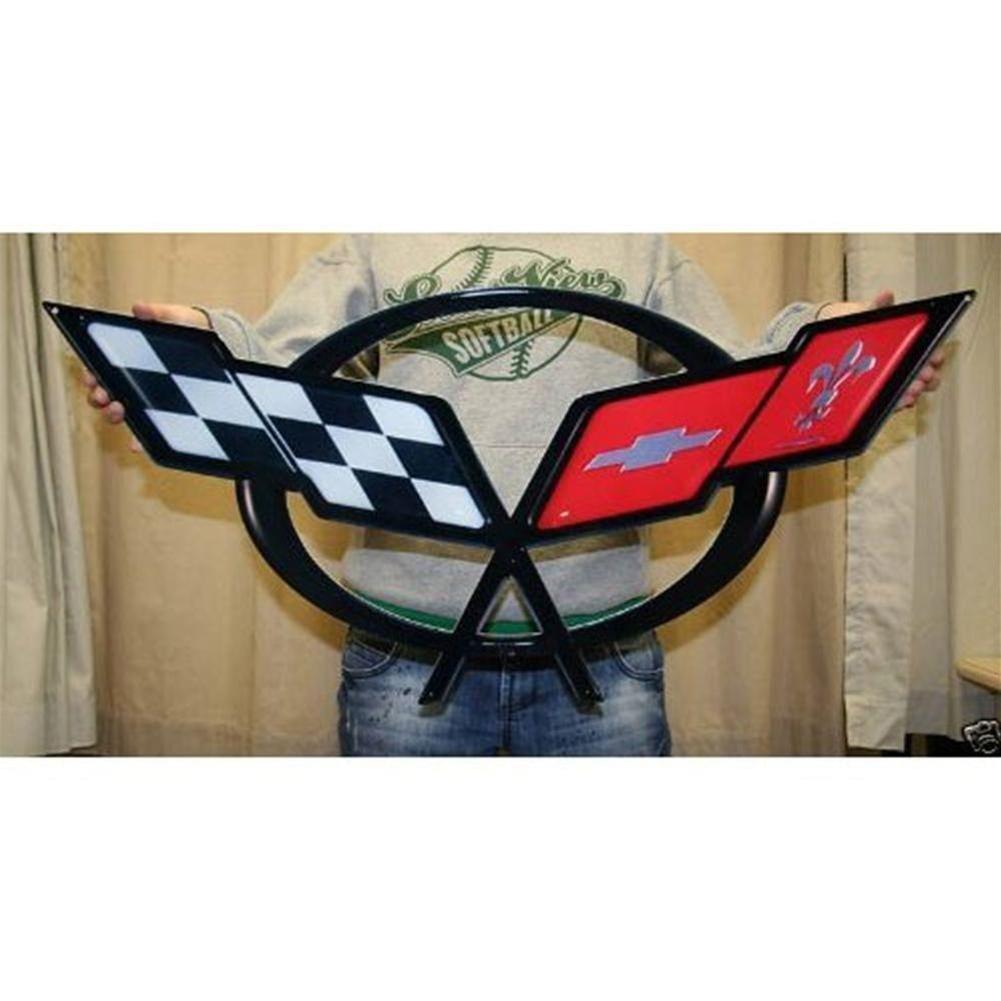 Corvette 1997-2004 C5 Crossed Flag Metal Wall Sign - 32" x 15"