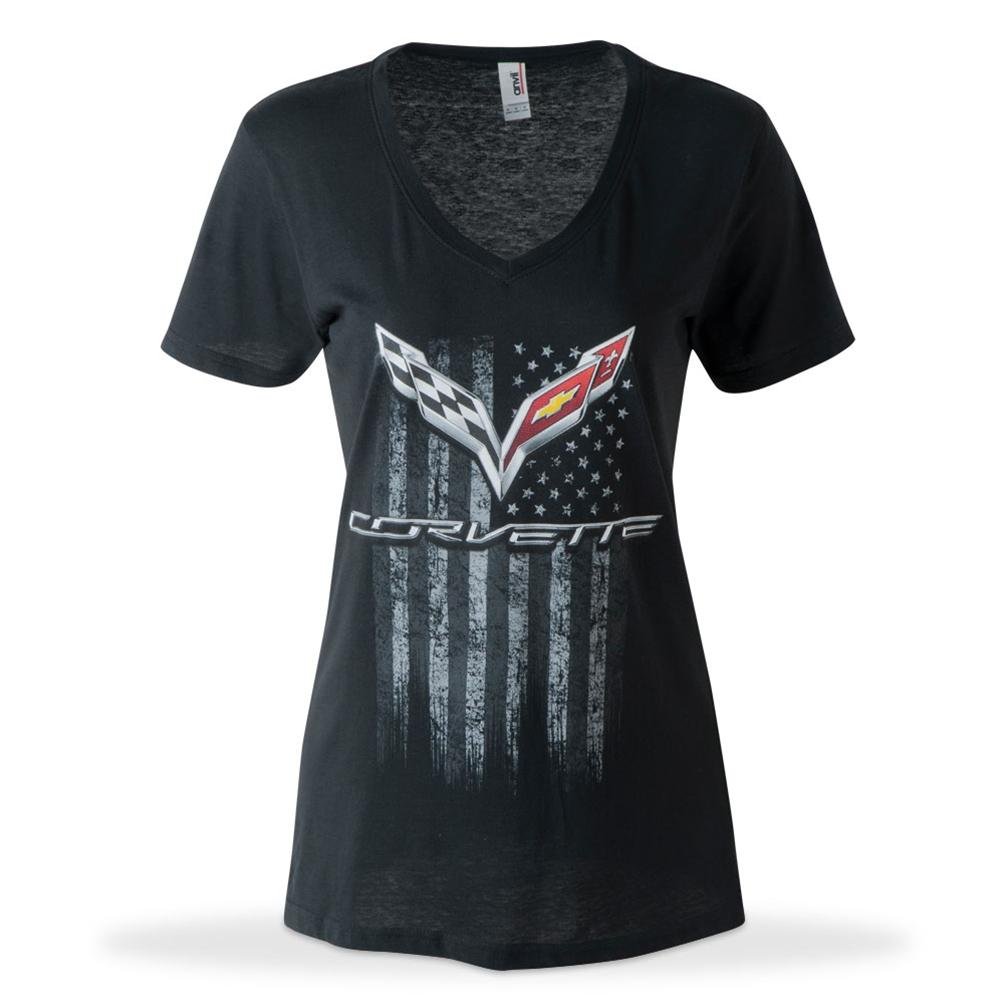 C7 Corvette American Legacy V Neck T-shirt - Ladies : Black - Large
