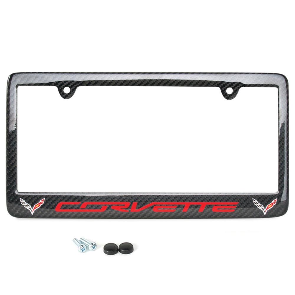 C7 Red Corvette script with w/Double Logo License Plate Frame - Carbon Fiber : C7 Stingray