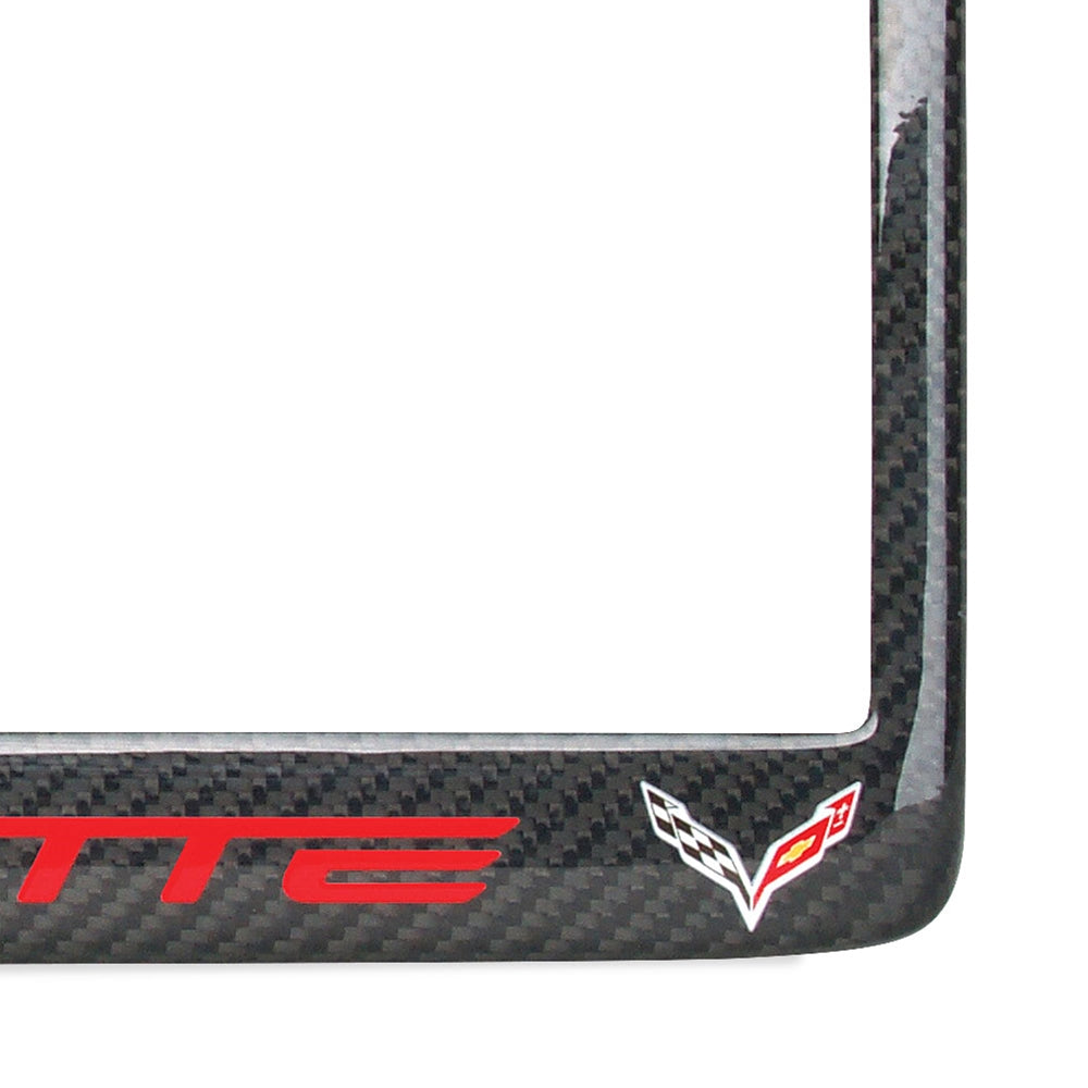 C7 Red Corvette script with w/Double Logo License Plate Frame - Carbon Fiber : C7 Stingray