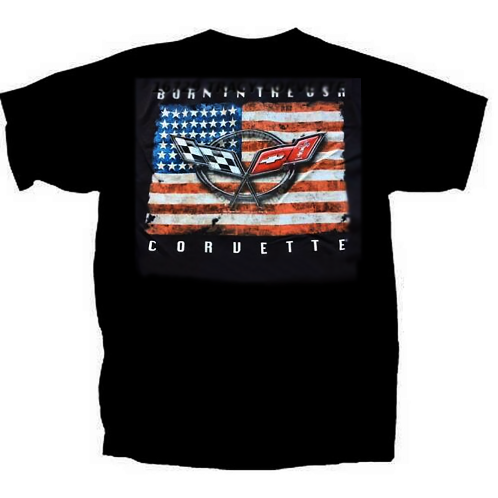 Corvette T-Shirt - "Born In The USA" w/ C5 Crossed Flags : Black