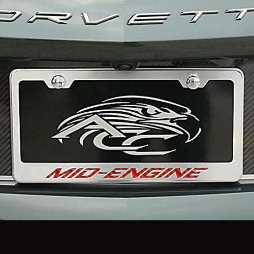 C8 Corvette - License Plate Frame Stainless Steel Overlay & Carbon Fiber W/ "Mid Engine" Script
