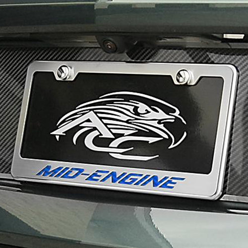 C8 Corvette - License Plate Frame Stainless Steel Overlay & Carbon Fiber W/ "Mid Engine" Script