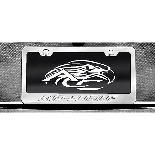 C8 Corvette - License Plate Frame Stainless Steel Overlay & Carbon Fiber W/ "Mid Engine" Script