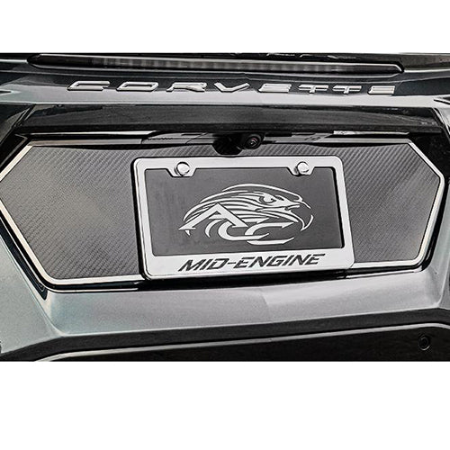 C8 Corvette - License Plate Frame Stainless Steel Overlay & Carbon Fiber W/ "Mid Engine" Script