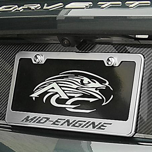 C8 Corvette - License Plate Frame Stainless Steel Overlay & Carbon Fiber W/ "Mid Engine" Script