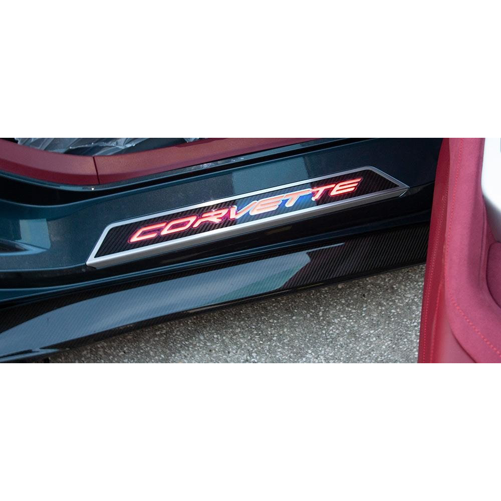 C8 Corvette Door Sills Carbon Fiber W/ Brushed Stainless Corvette Inlay : Illuminated
