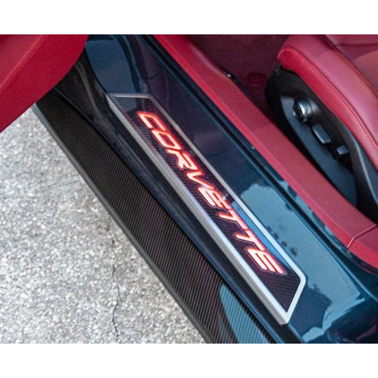 C8 Corvette Door Sills Carbon Fiber W/ Brushed Stainless Corvette Inlay : Illuminated