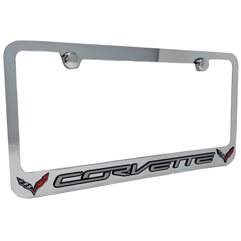 C7 Corvette License Plate Frame - Chrome with Corvette Script & Crossed Flags Logo : 2014-2019 C7