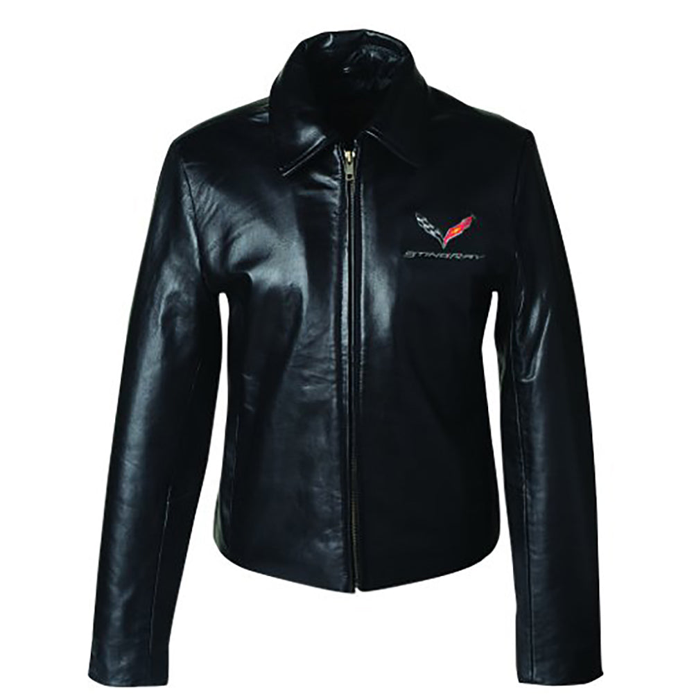C7 Corvette Ladies Leather Bomber Jacket - Black