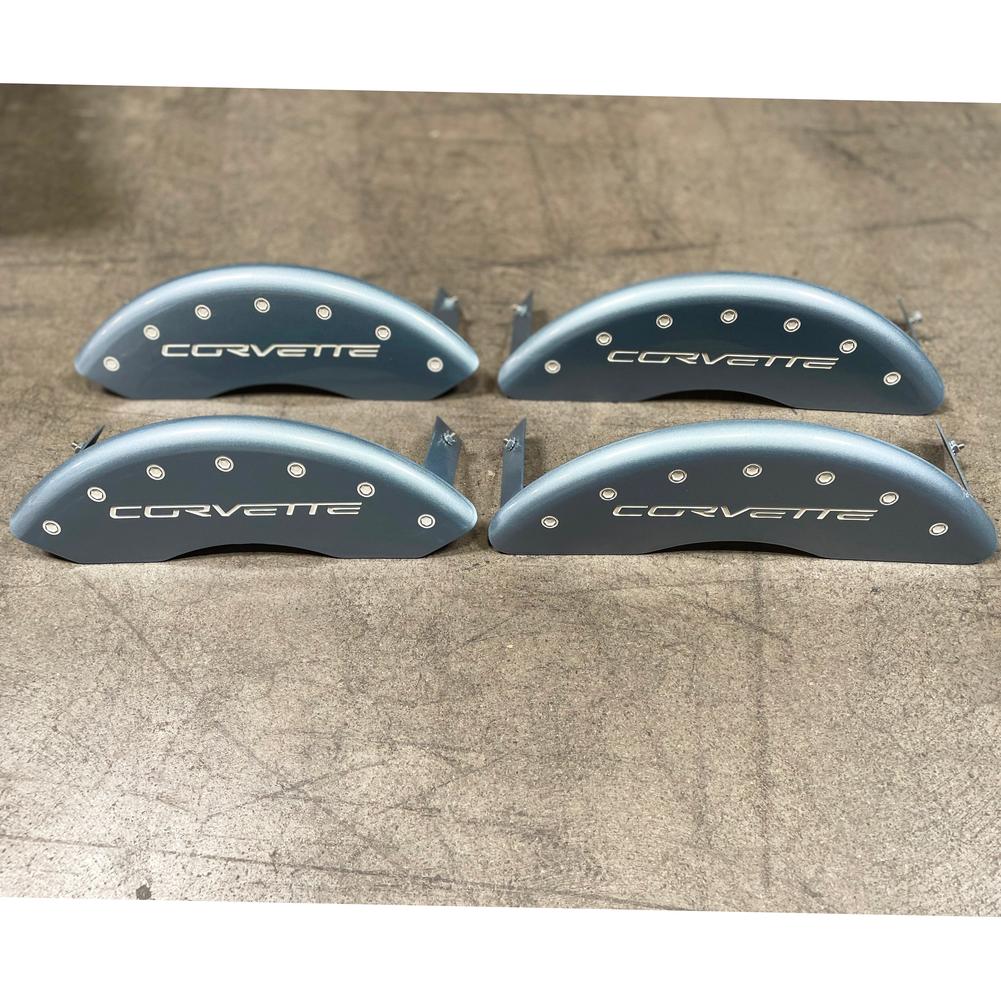 Corvette Brake Caliper Cover Set (4) - Carlisle Blue : 2006-2013 C6Z06 & Grand Sport Only with White Bolts and Script CLEARANCE