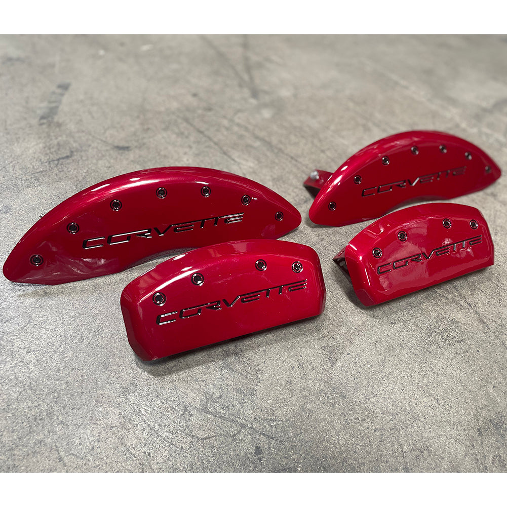 Corvette Brake Caliper Cover Set (4) - Monterey Red with Black Bolts and Script : 2005-2013 C6 only