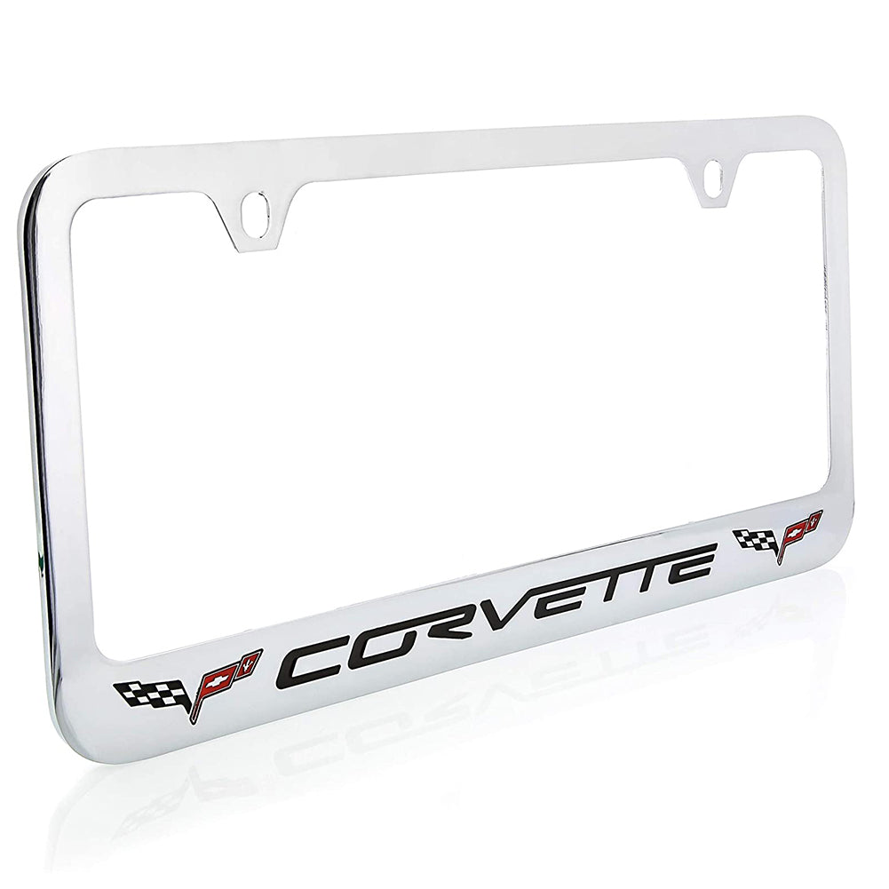 Corvette Script Chrome License Plate Frame w/Double Crossed Flags Logo : C6 2005-2013