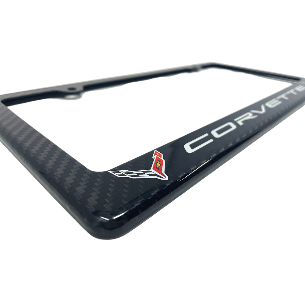 C8 Corvette Gray Script w/Double Logo License Plate Frame - Carbon Fiber