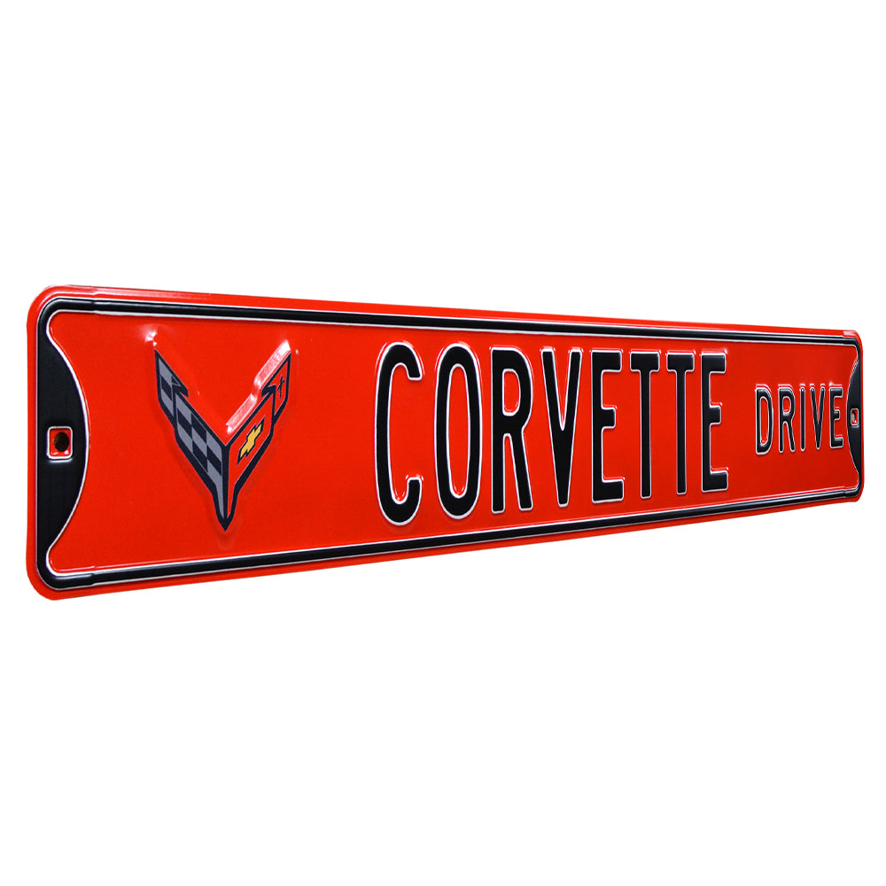 C8 Corvette Drive Crossed-Flag Emblem - Metal Sign : Red