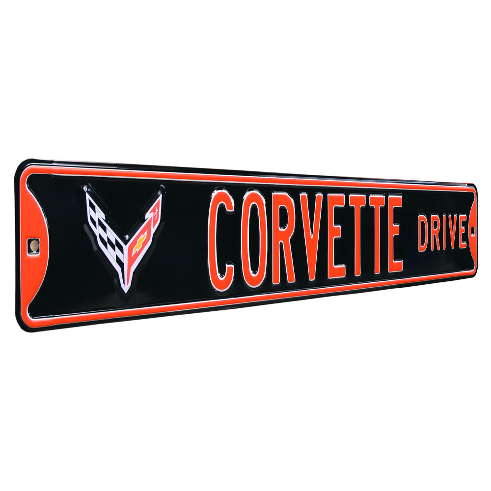 C8 Corvette Drive Crossed-Flag Emblem - Metal Sign : Black