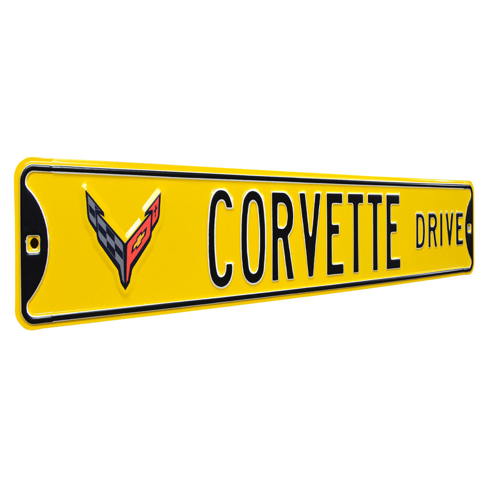 C8 Corvette Drive Crossed-Flag Emblem - Metal Sign : Yellow