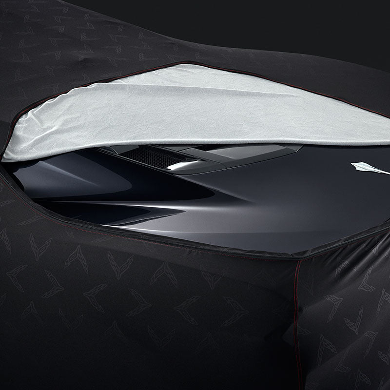 C8 GM Premium Indoor Car Cover Embossed Crossed Flags Logo With Access Panels : Black