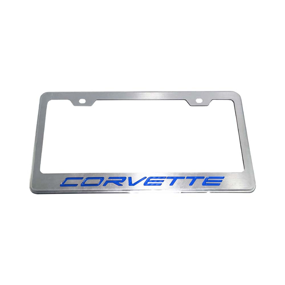 C8 Corvette - License Plate Frame Brushed Stainless Steel & Carbon Fiber W/ Corvette Script