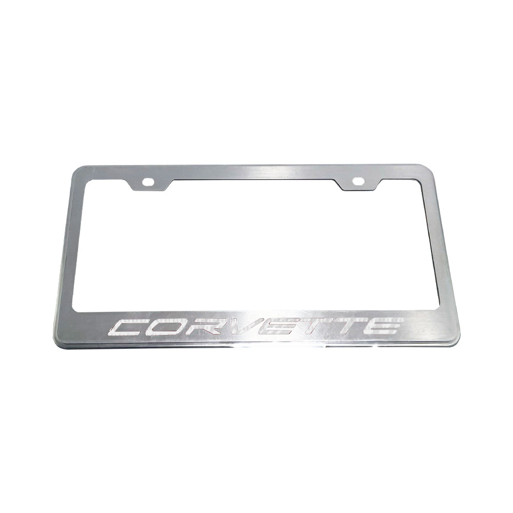 C8 Corvette - License Plate Frame Brushed Stainless Steel & Carbon Fiber W/ Corvette Script