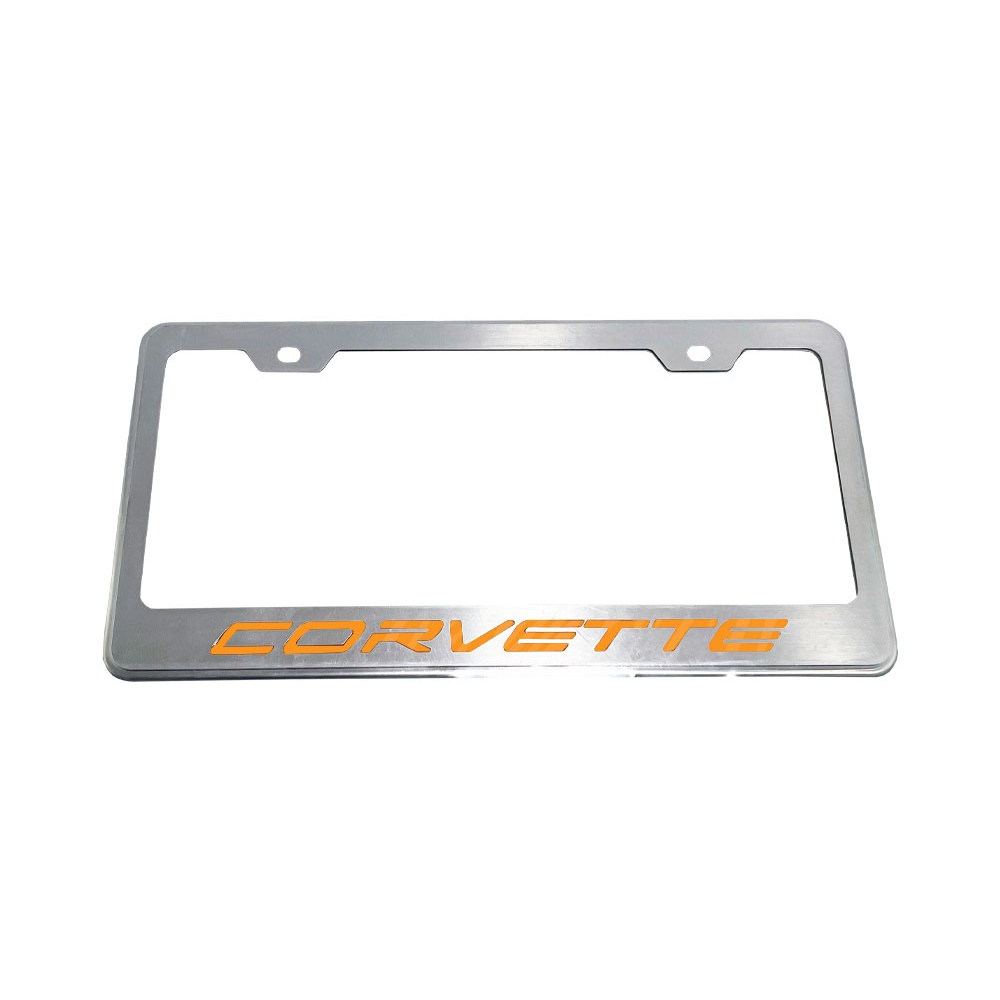 C8 Corvette - License Plate Frame Brushed Stainless Steel & Carbon Fiber W/ Corvette Script