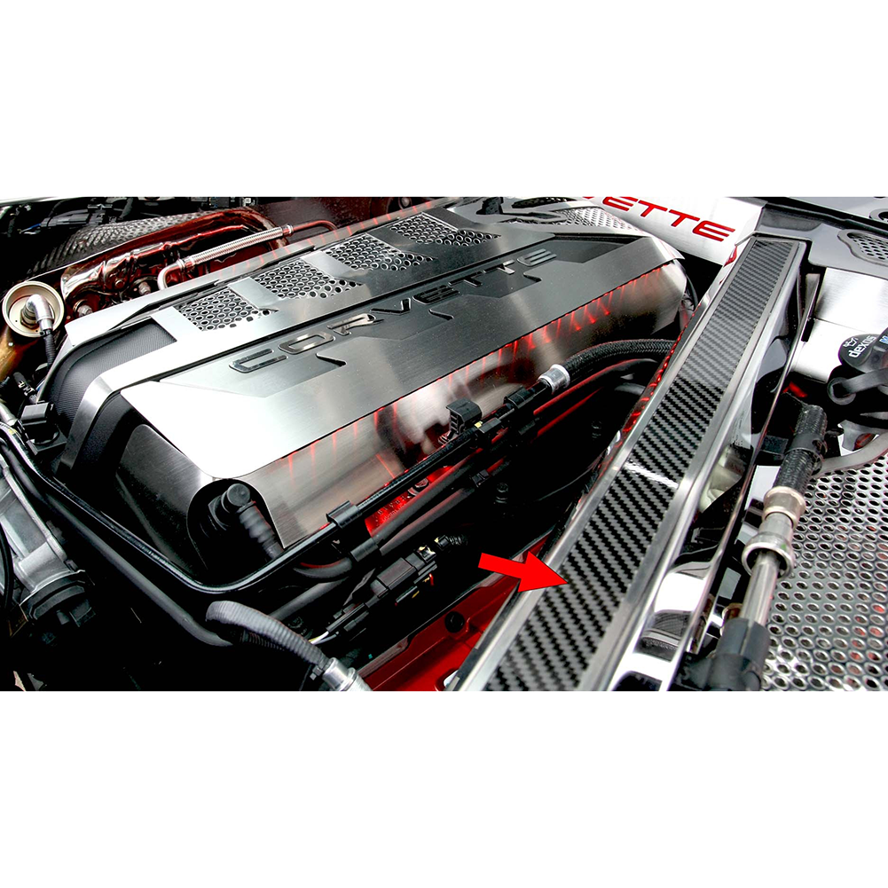 C8 Corvette Coupe Perforated Header Cover Kit 2Pc : Stainless Steel/Carbon Fiber