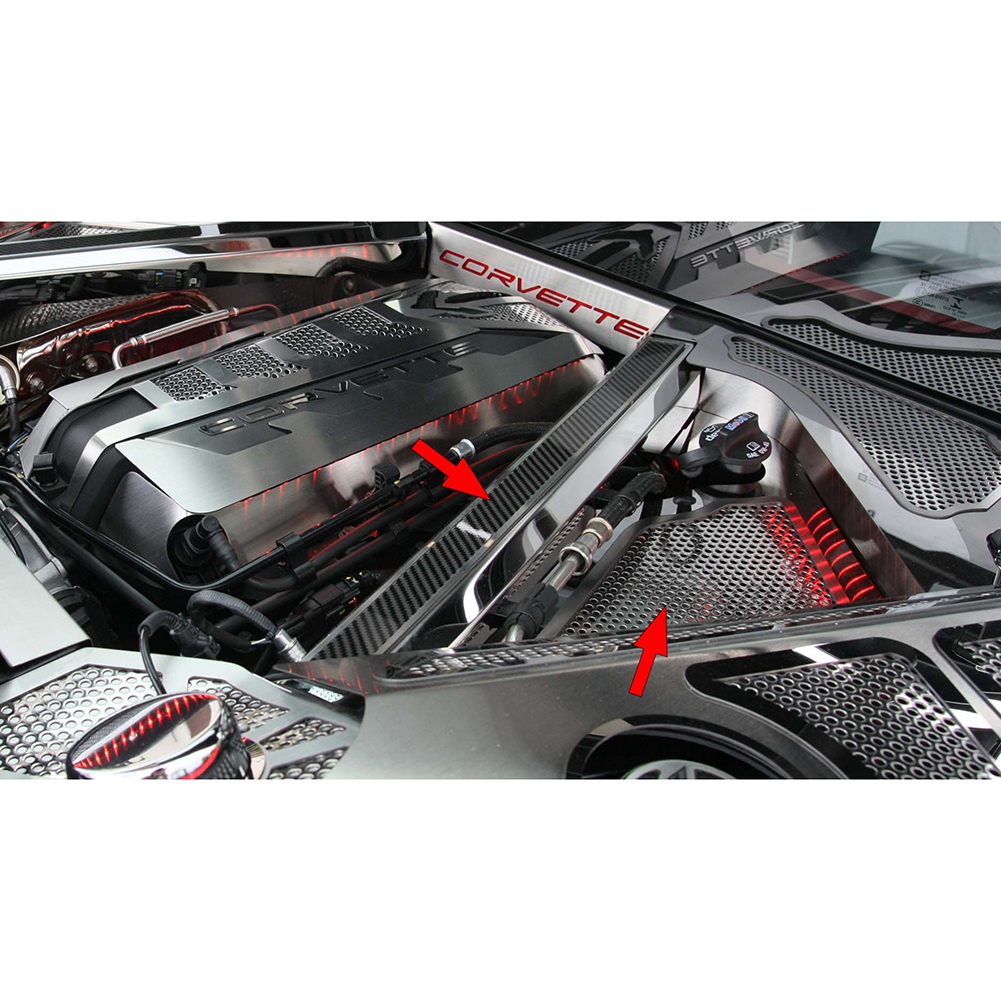 C8 Corvette Coupe Perforated Header Cover Kit 2Pc : Stainless Steel/Carbon Fiber