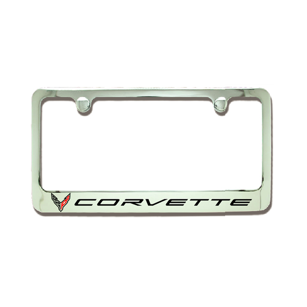 C8 Corvette Chrome License Plate Frame w/Crossed Flags Logo