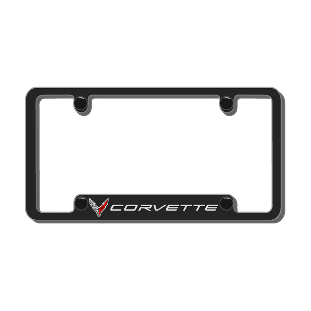C8 Corvette Black License Plate Frame w/Crossed Flags Logo