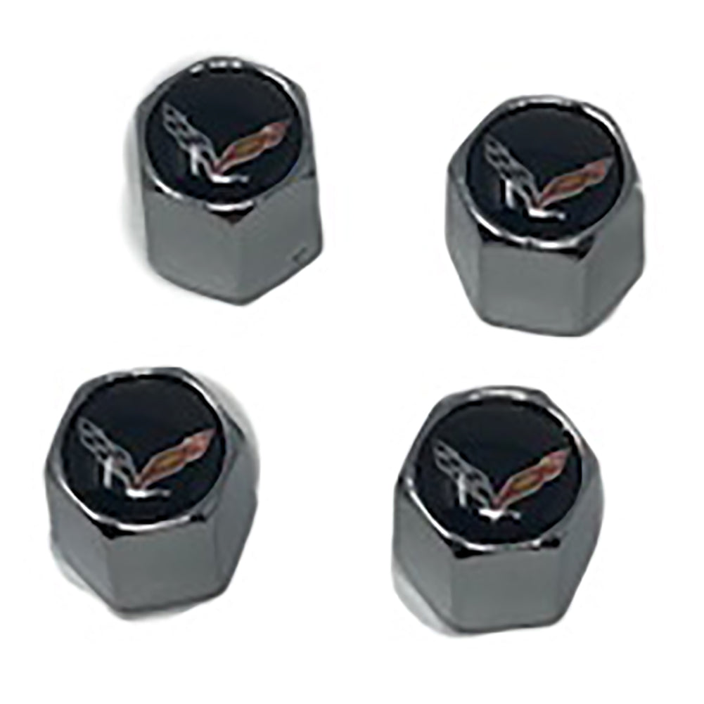 Corvette Valve Stem Caps - Black - 4 Pieces : C7