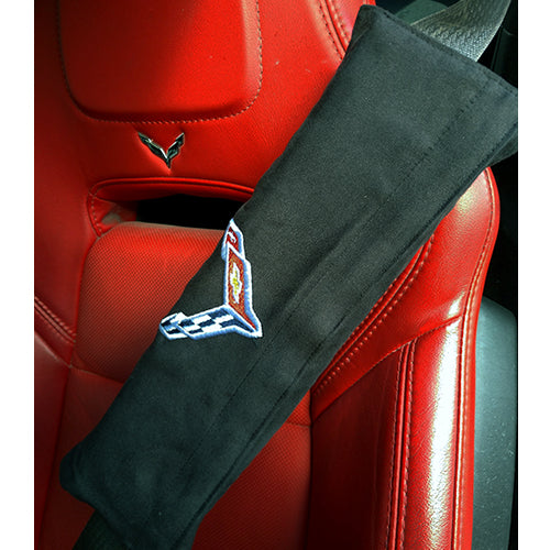 C8 Corvette Seatbelt Cover with Flags - Black