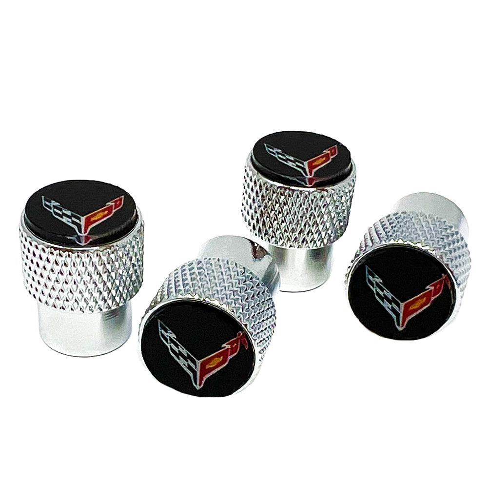 C8 Corvette Crossed Flags Logo Aluminum Valve Stem Caps (Knurled)