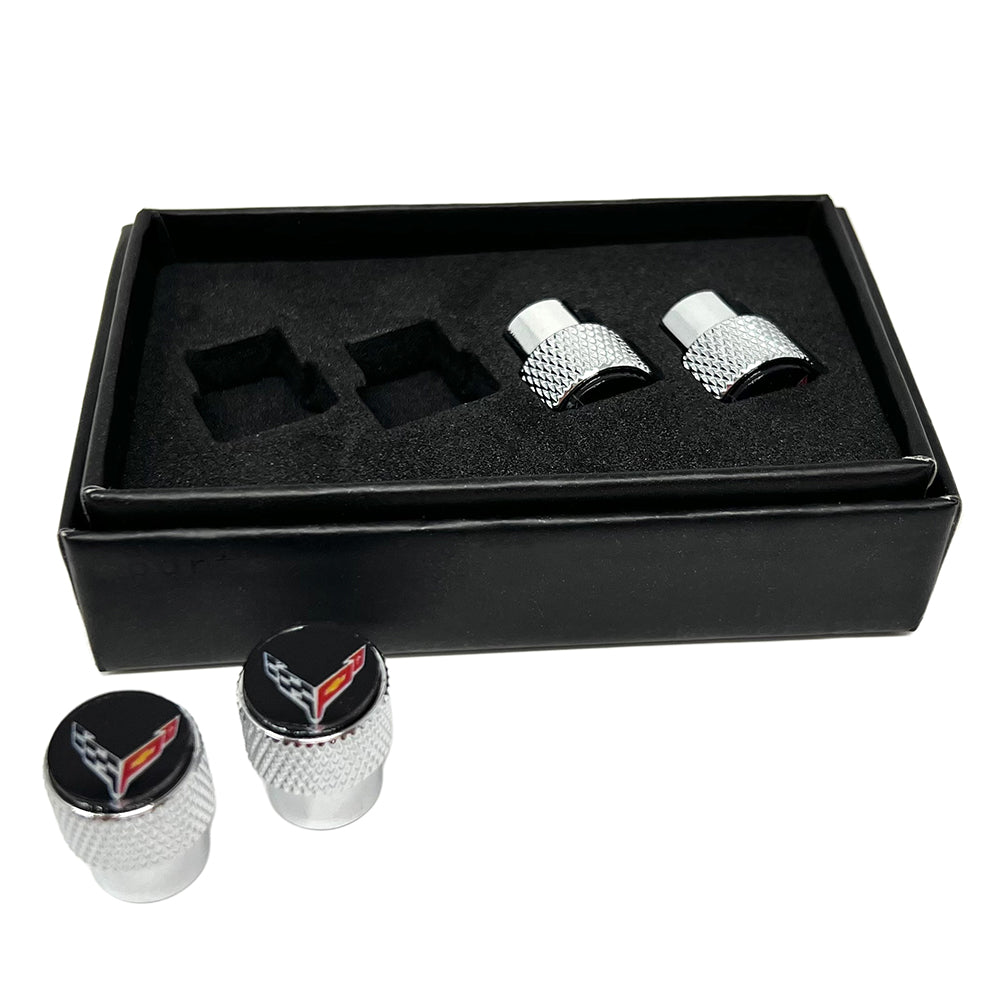 C8 Corvette Crossed Flags Logo Aluminum Valve Stem Caps (Knurled)