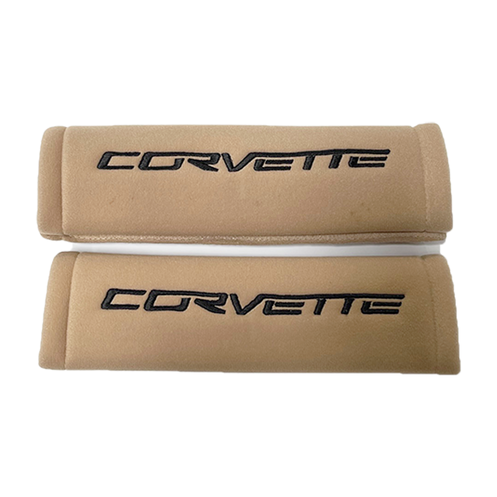 Corvette Embroidered Seatbelt Harness Pads - Tan : C6 2005-2013