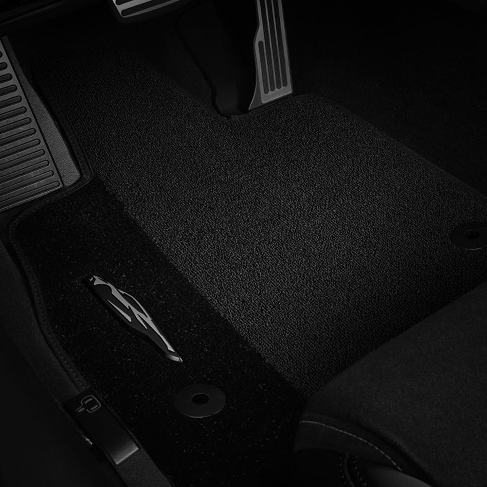Next Generation Corvette Floor Mats - Jet Black w/Corvette Silhouette Logo and Jet Black Border Stitching: C8 Stingray