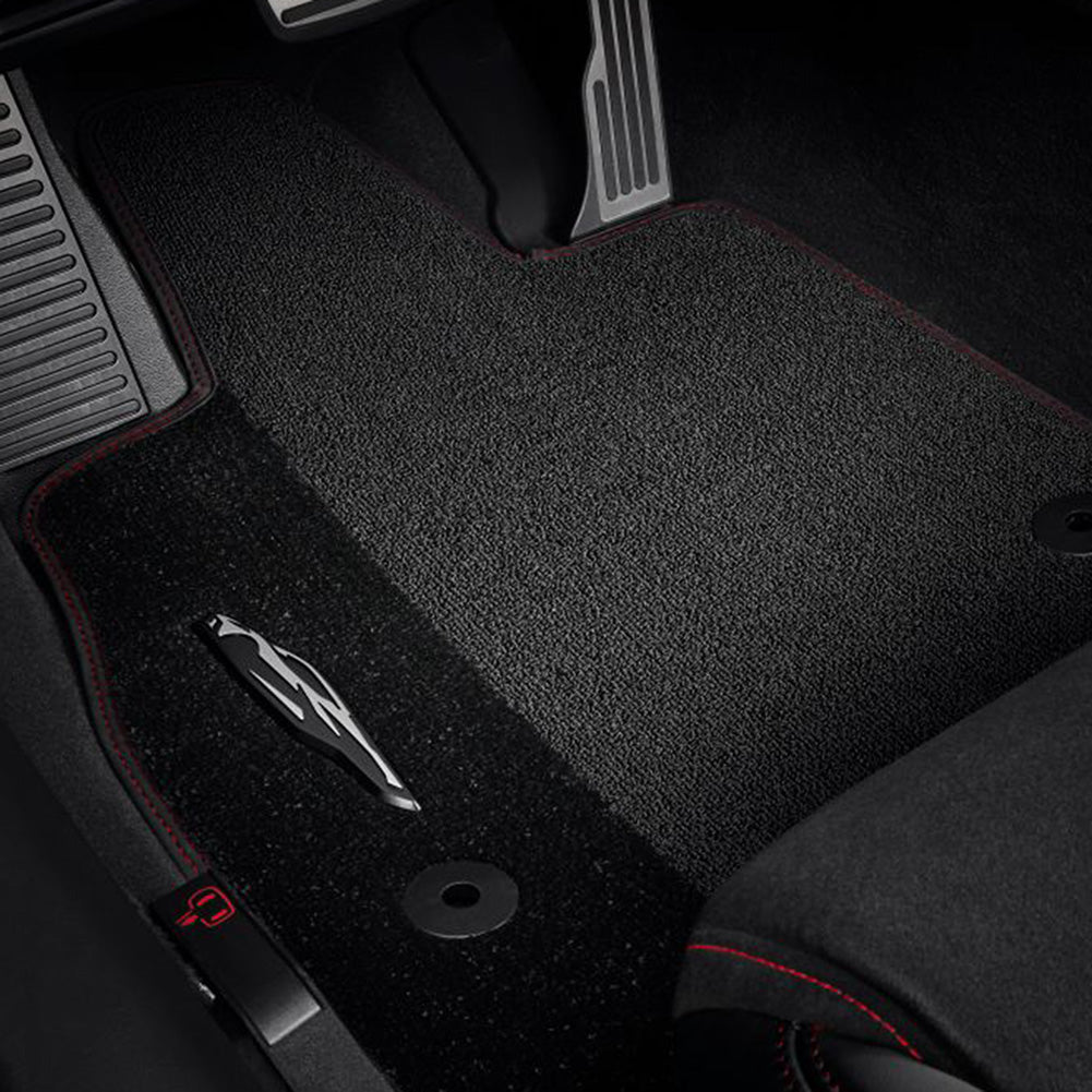 Next Generation Corvette Floor Mats - Jet Black w/Corvette Silhouette Logo and Torch Red Border Stitching: C8 Stingray