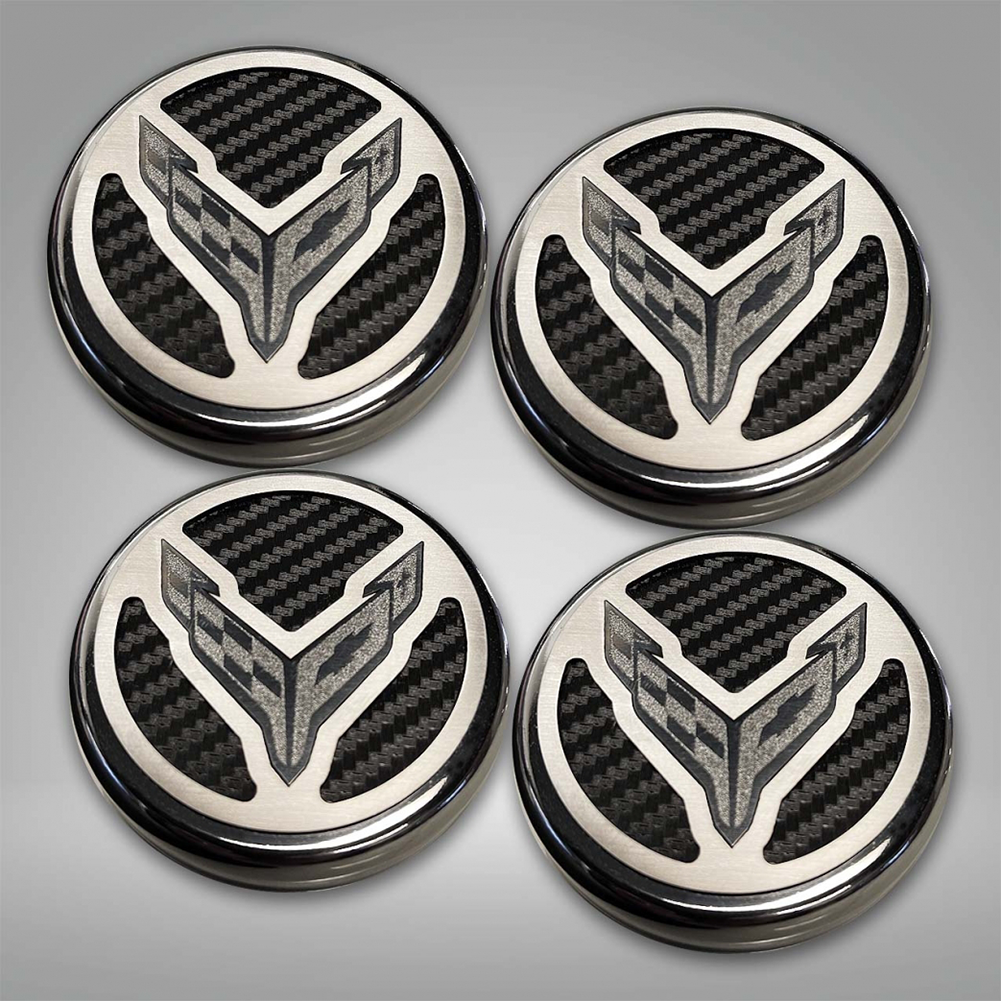 Corvette Engine Cap Cover Set - Flag Emblem - Chrome/Brushed/Carbon Fiber Inlay : C8 Stingray, Z51