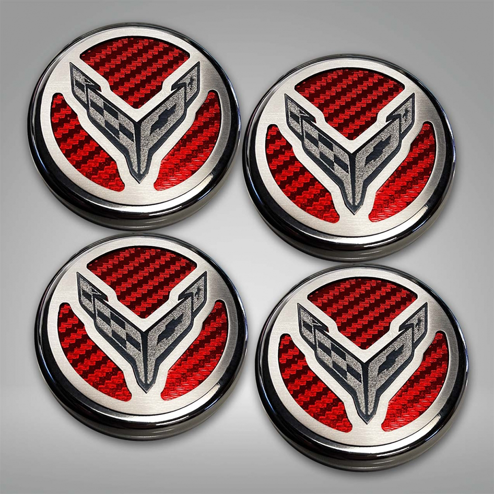 Corvette Engine Cap Cover Set - Flag Emblem - Chrome/Brushed/Carbon Fiber Inlay : C8 Stingray, Z51