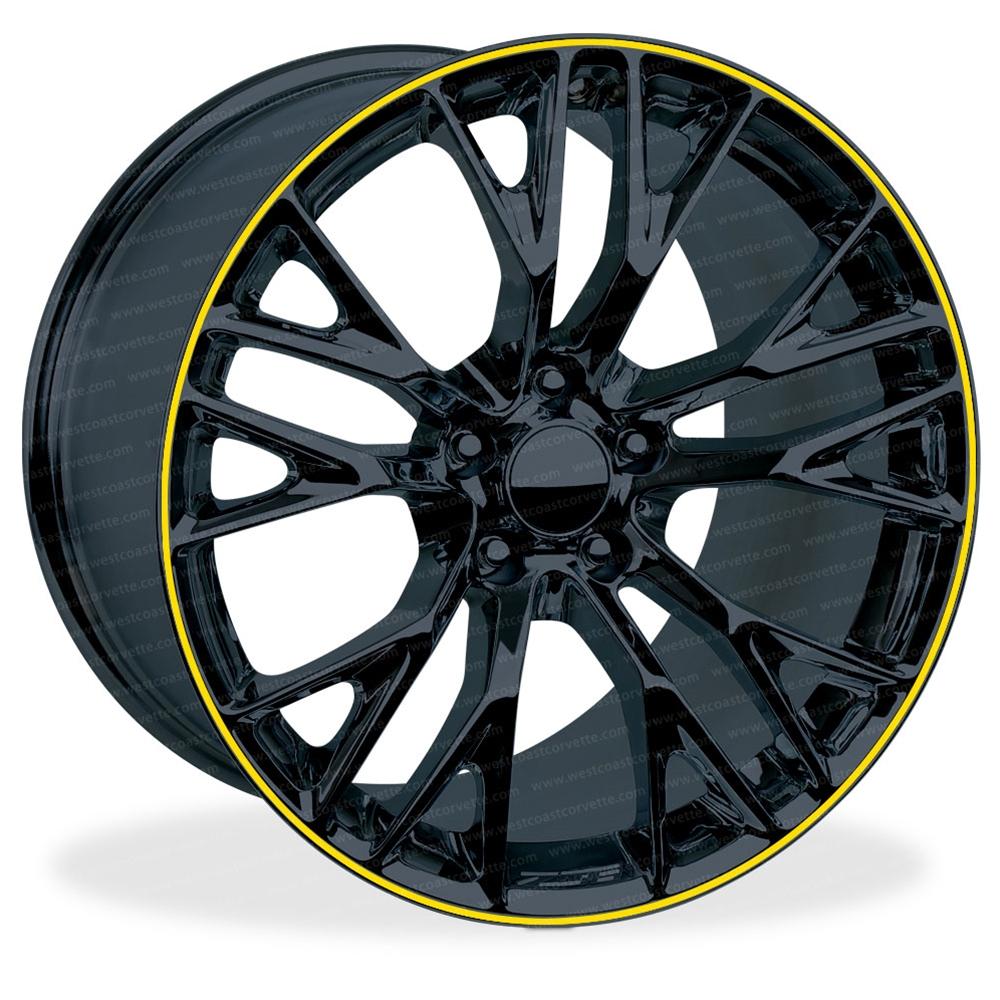 C7 Corvette Z06 Genuine GM Wheels (Set) - Gloss Black w/Yellow Stripe : 19x10 / 20x12