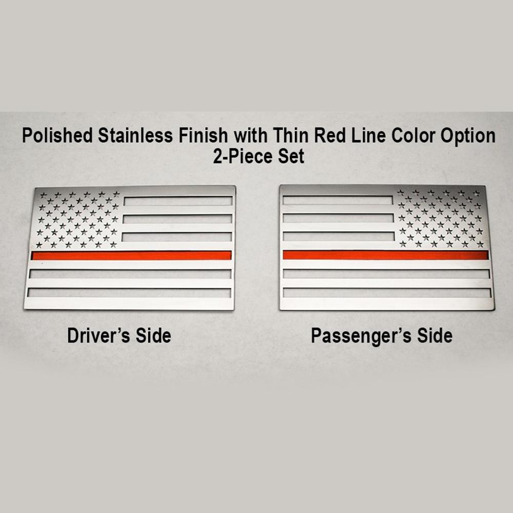 Corvette American Flag Vehicle Emblem : Brushed Stainless Steel with Red - Set of 2