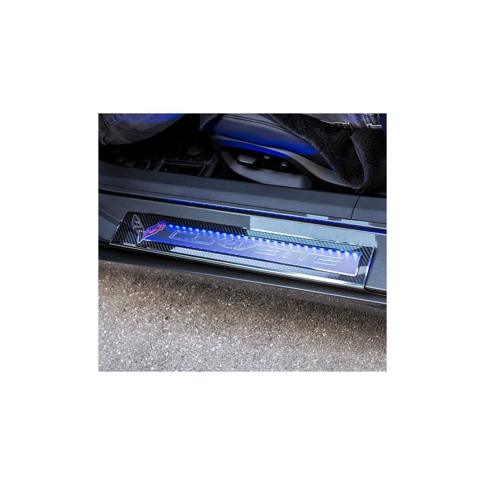 Corvette Door Sill - Carbon Fiber Overlay w/Polished Trim & LED Lighting Kit : C7 Stingray, Z51