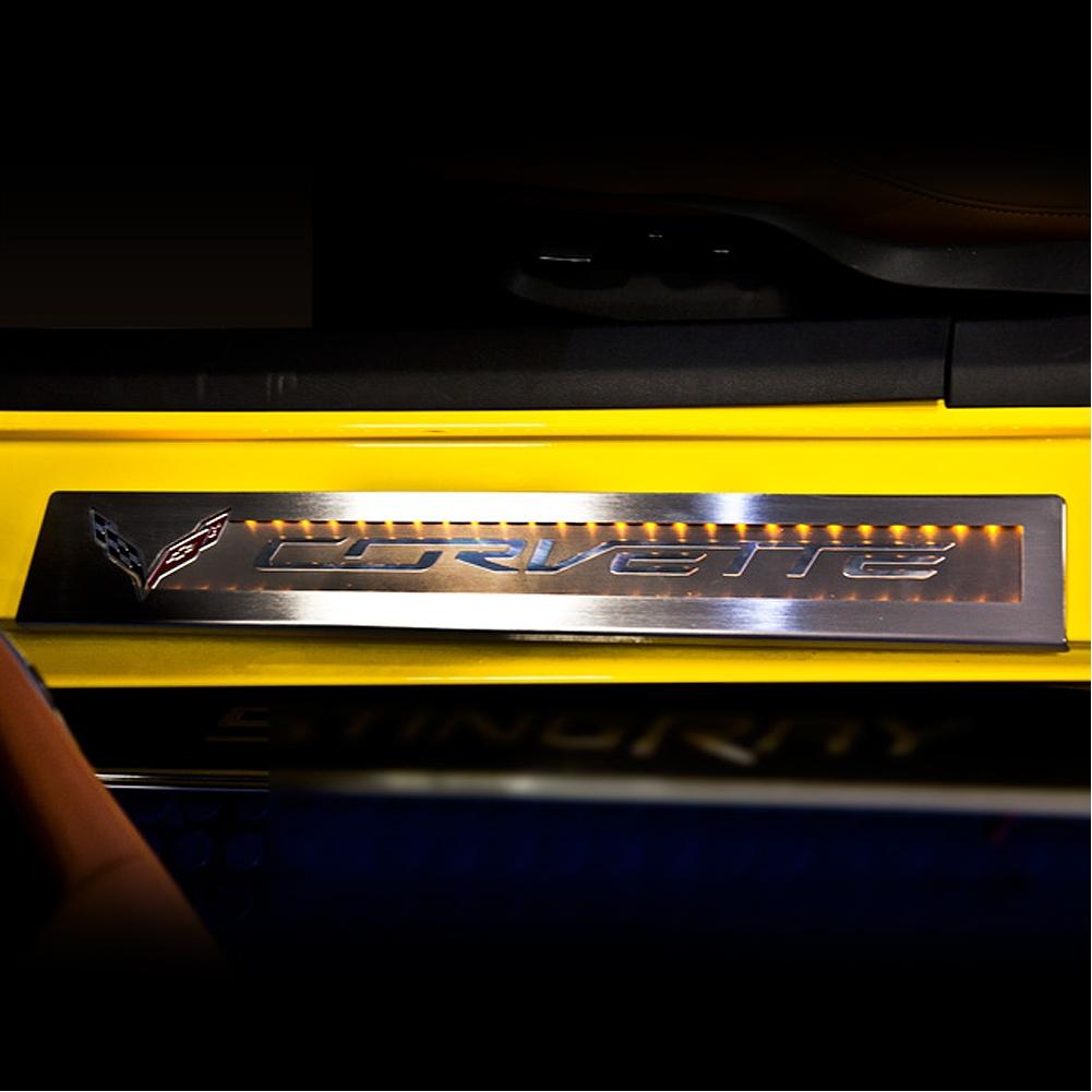Corvette Door Sill Overlay with LED Lighting Kit - Brushed : C7 Stingray, Z51, Z06, Grand Sport
