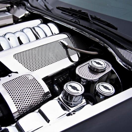 Corvette Engine Cap Set Executive Series Chrome/Brushed Overlay w/Carbon Fiber Chevy Bowtie : 2005-2012 C6 Automatic