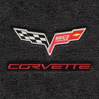Corvette Floor Mats - Velourtex 60th Anniversary in Cross Flags with Red Corvette Script : 2007.5-2013 C6, Z06, Grand Sport & ZR1- Ebony