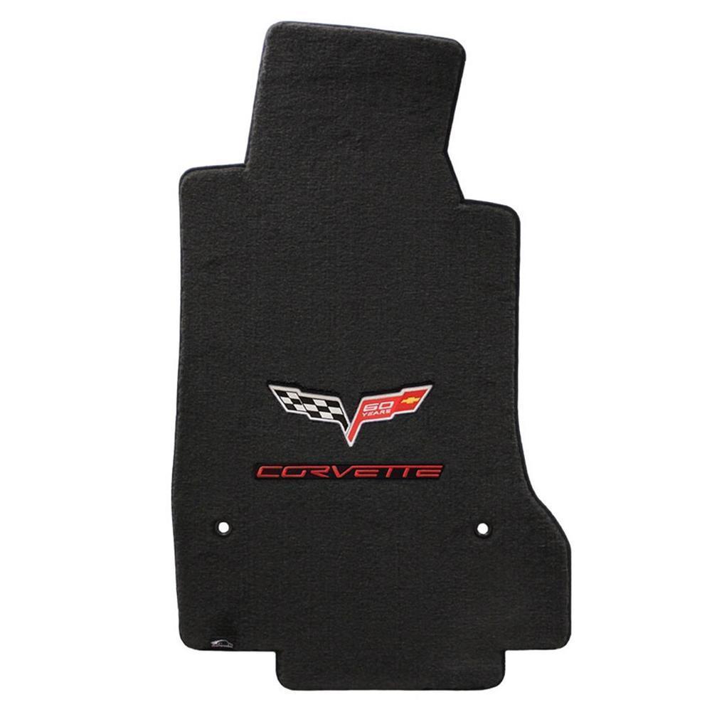 Corvette Floor Mats - Velourtex 60th Anniversary in Cross Flags with Red Corvette Script : 2007.5-2013 C6, Z06, Grand Sport & ZR1- Ebony