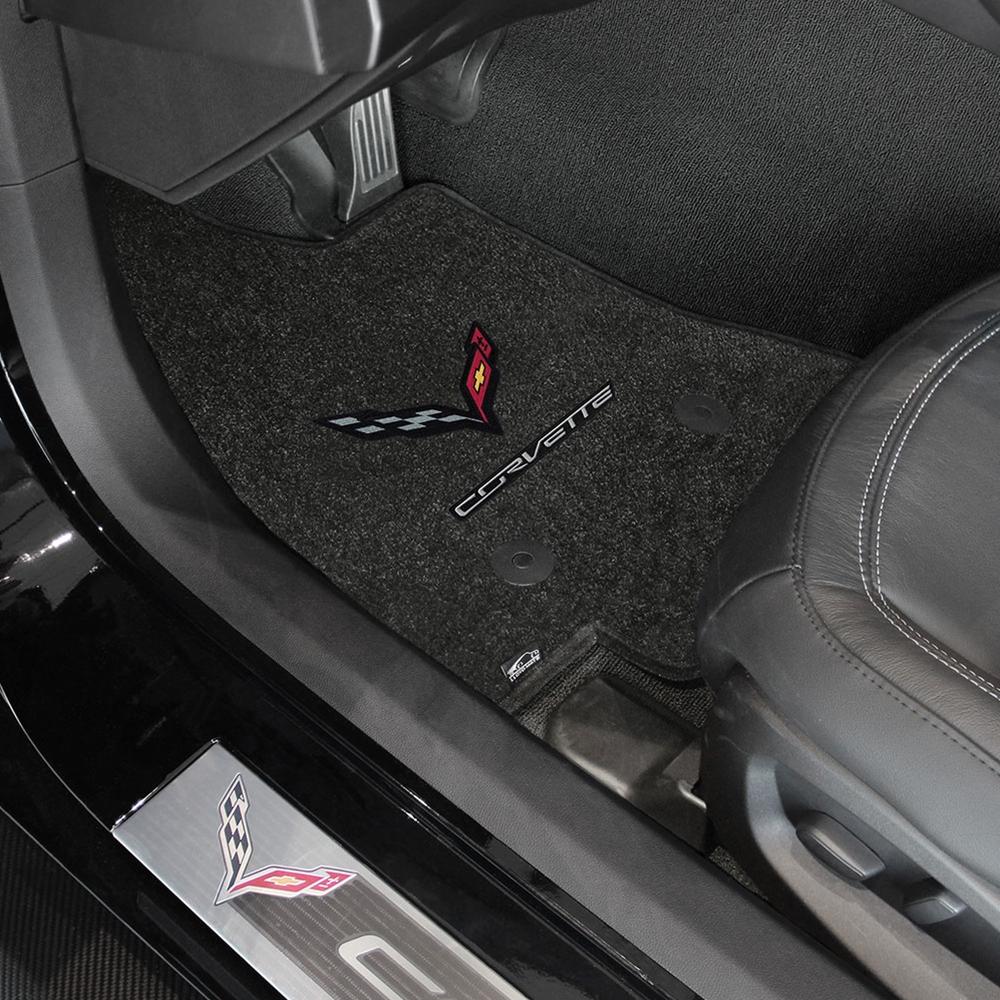 Corvette Floor Mats with C7 Carbon Crossed Flags & Corvette Script - Lloyds Mats : C7 Stingray