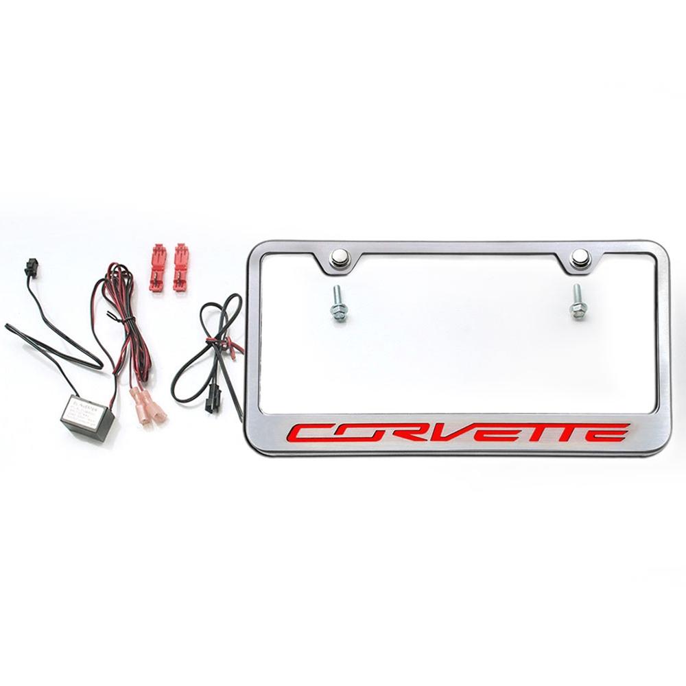 Corvette License Plate Frame - Chrome w/Stainless Steel Illuminated 